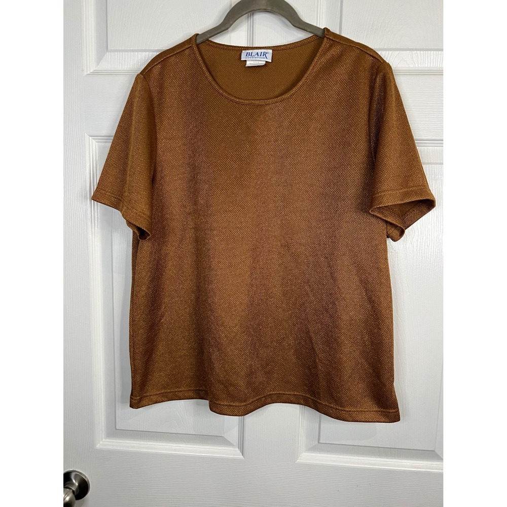 Blair Women's Knit Top Women Brown Metallic Short Sleeve Crew Neck - Large